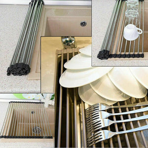 Disk drying rolling rack - Kitchen Dish Drying Rack Over Sink Roll-up Dry Drainers Stainless Steel Foldable